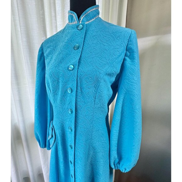 Vintage 1960s dress, turquoise blue, coat-style maxi duster, mandarin collar - Picture 2 of 10